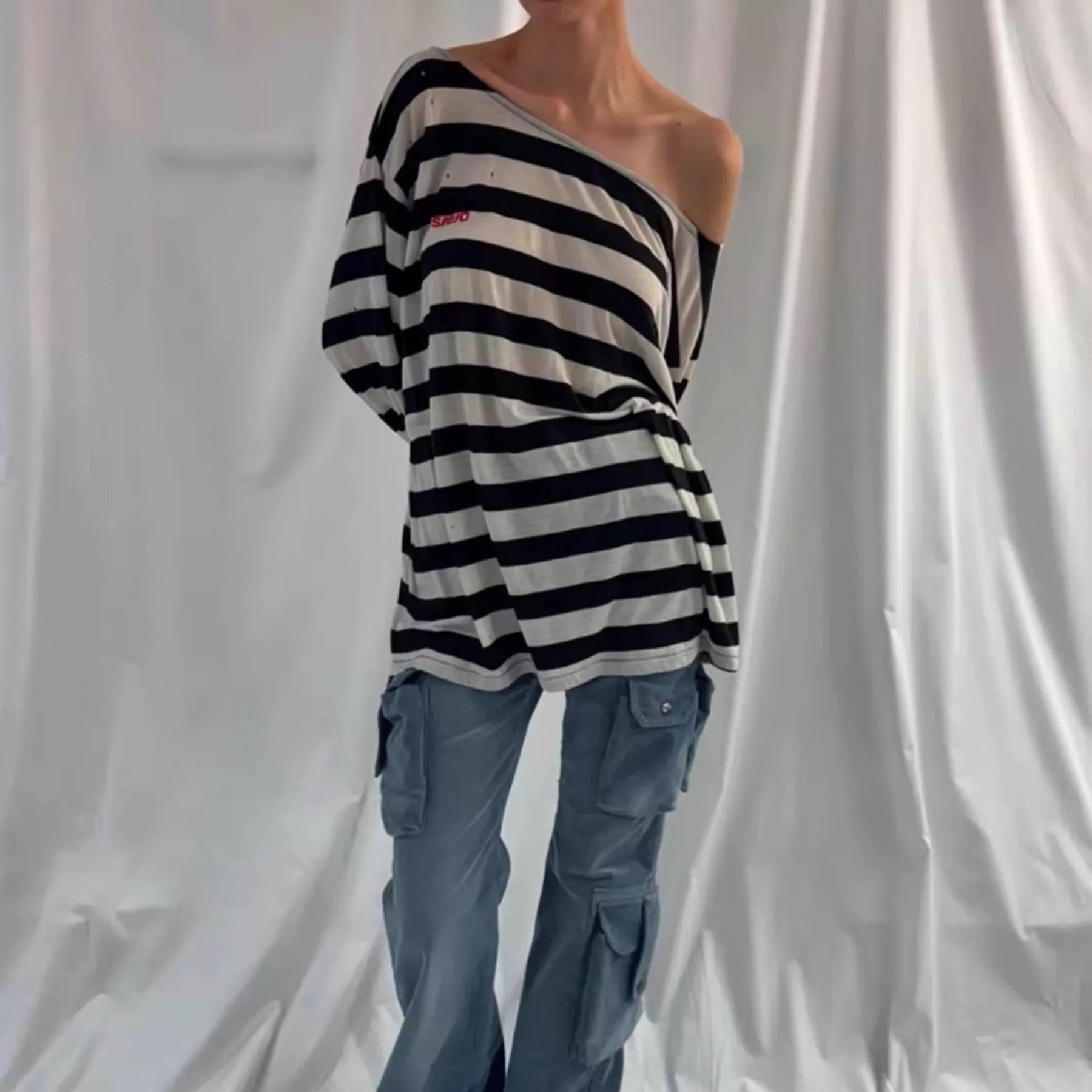 Slant Neck Off Shoulder Striped Long Sleeve T-Shirt-Aespa Ningning