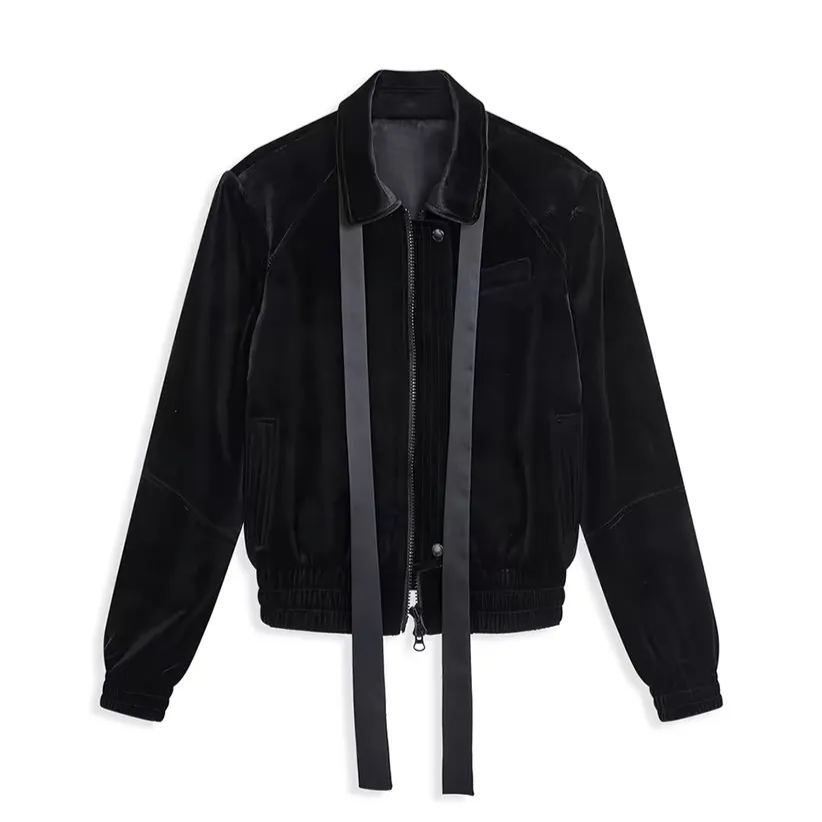 Bow tie Ribbon Zipper Velvet Jacket-Rei IVE