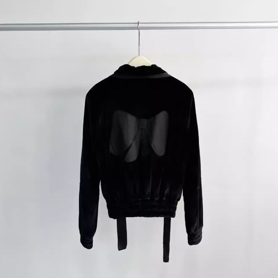 Bow tie Ribbon Zipper Velvet Jacket-Rei IVE
