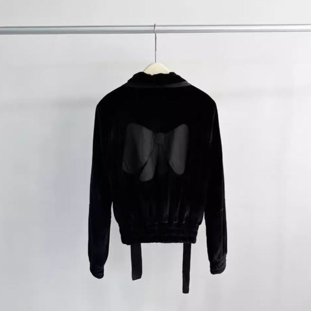 Bow tie Ribbon Zipper Velvet Jacket-Rei IVE