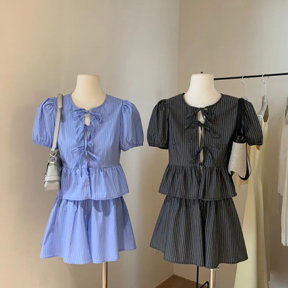 Blackpink Jennie Striped Puff Short Sleeve Top Skirt Set