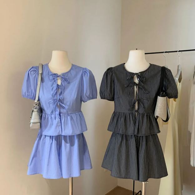 Blackpink Jennie Striped Puff Short Sleeve Top Skirt Set