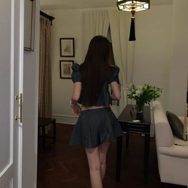 Blackpink Jennie Striped Puff Short Sleeve Top Skirt Set