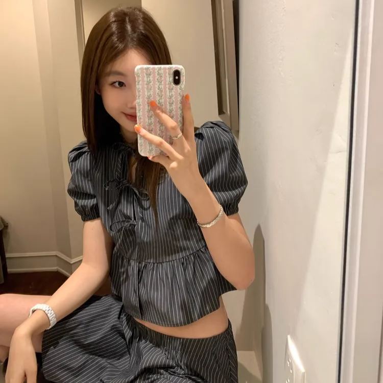 Blackpink Jennie Striped Puff Short Sleeve Top Skirt Set