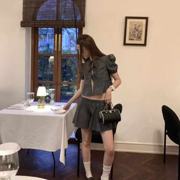 Blackpink Jennie Striped Puff Short Sleeve Top Skirt Set