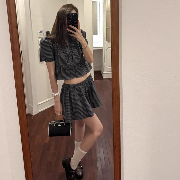 Blackpink Jennie Striped Puff Short Sleeve Top Skirt Set