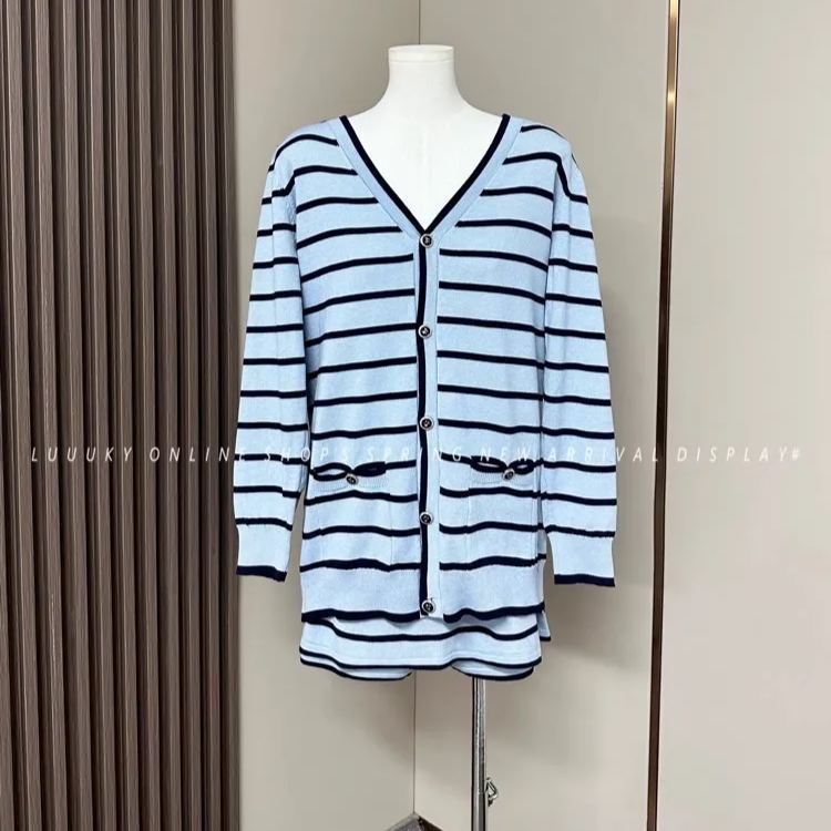 blackpink Jennie Inspired Blue Striped Knit Cardigan Skirt Set