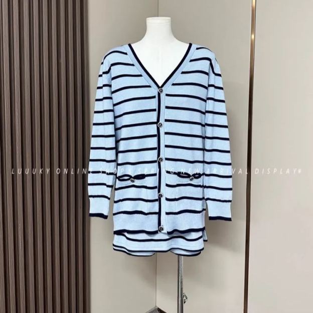 blackpink Jennie Inspired Blue Striped Knit Cardigan Skirt Set