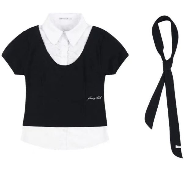 illit Minju Inspired Pseudo two-piece Top Pleated Skirt Set