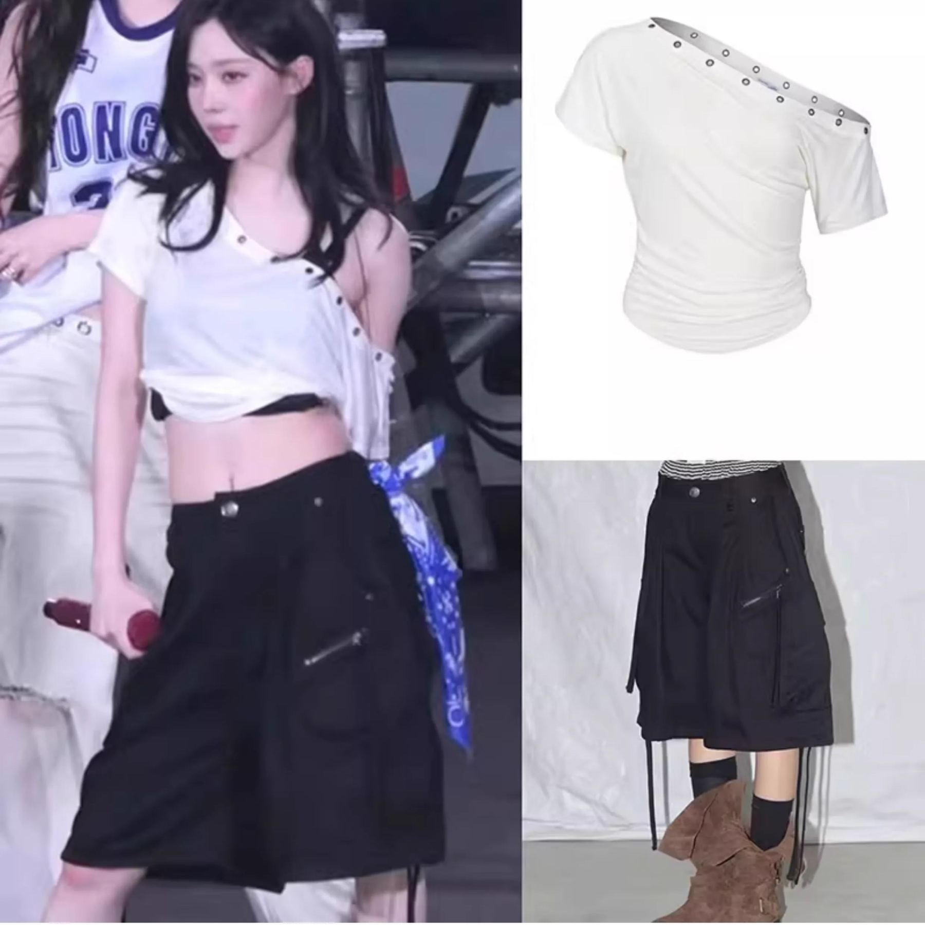 Aespa Winter Inspired Asymmetric Off-Shoulder Tee & Cargo Pants Set