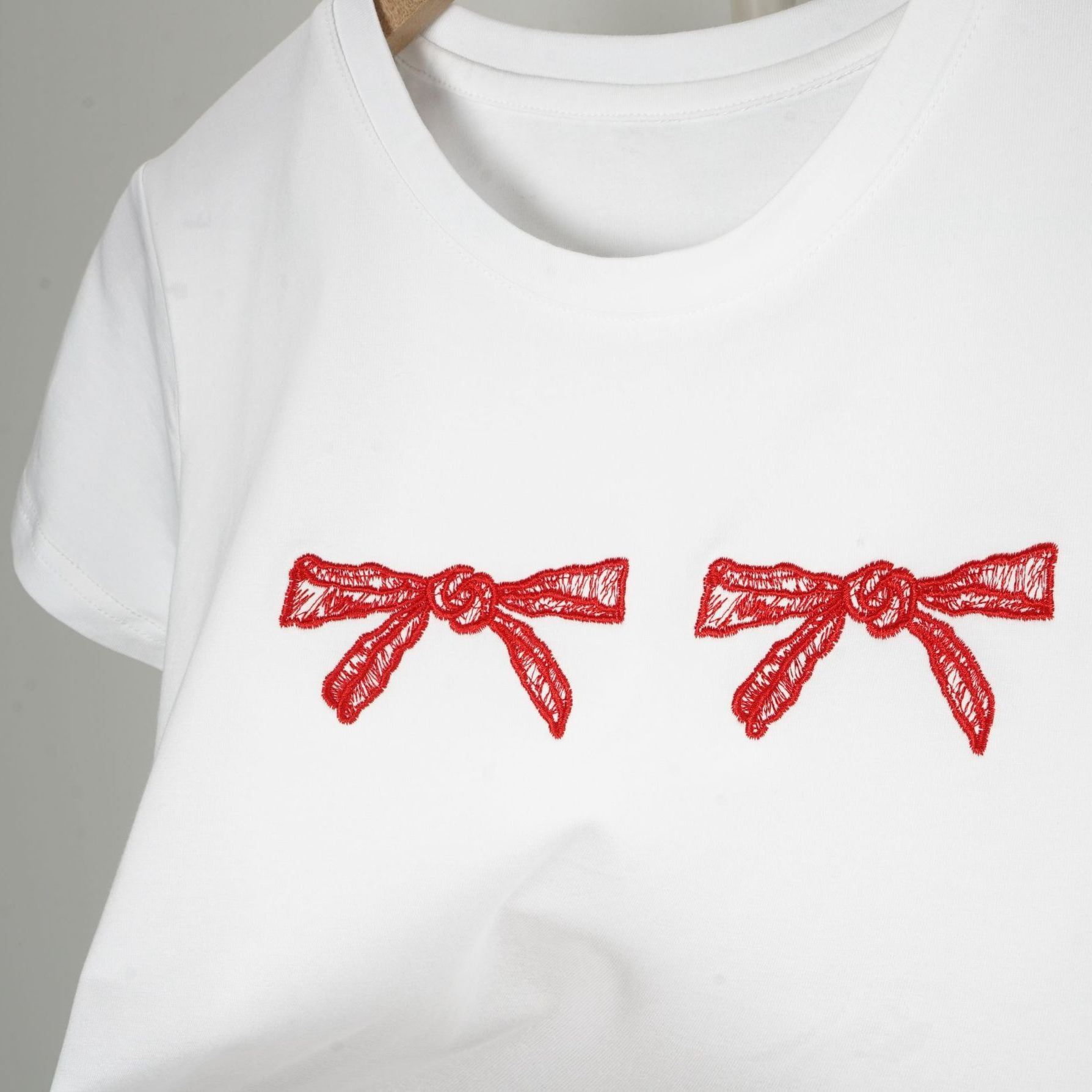 Sunmi & IVE Rei Inspired Red Bow Embroidered Tee