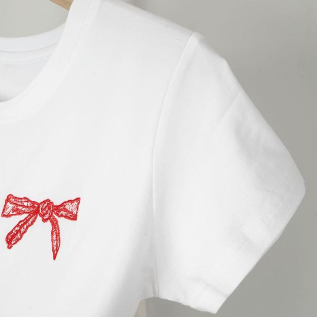 Sunmi & IVE Rei Inspired Red Bow Embroidered Tee