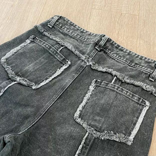 Aespa Ningning Inspired Washed Distressed Raw-Edge Patchwork Pants