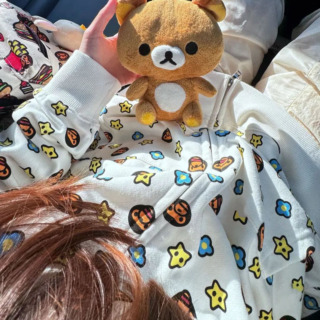 NewJeans Haerin Inspired BABY MILO Print Zip-Up Hoodie Jacket