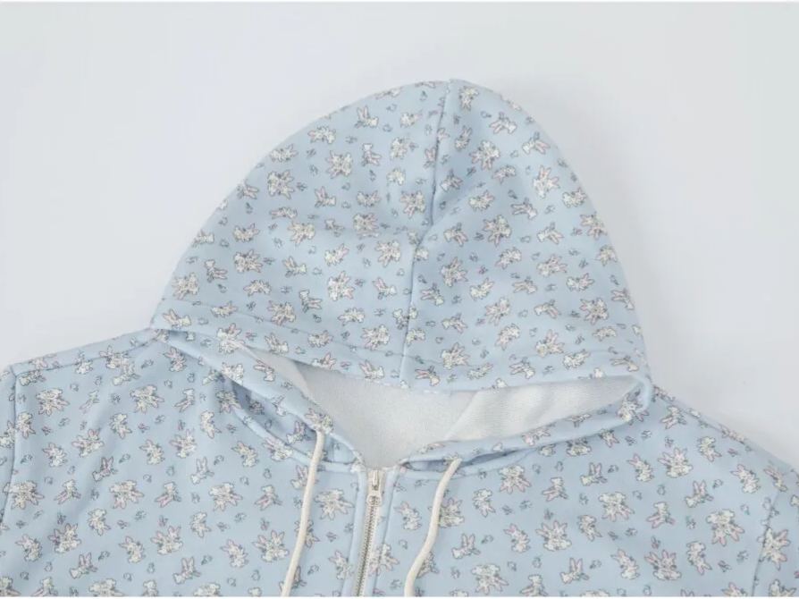 TWICE Nayeon&Illit Moka Inspired Rabbit Print Hooded Zip-up Jacket Pants Set