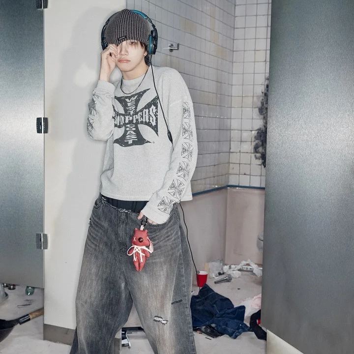 Boynextdoor Woonhak Inspired Vintage Cross Graphic Waffle Thermal Long Sleeve