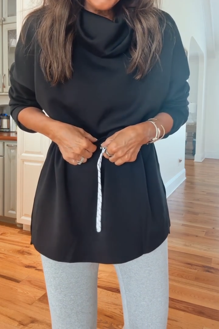 Women's Casual Comfort High Neck Drawstring Waist Long Sleeve Top