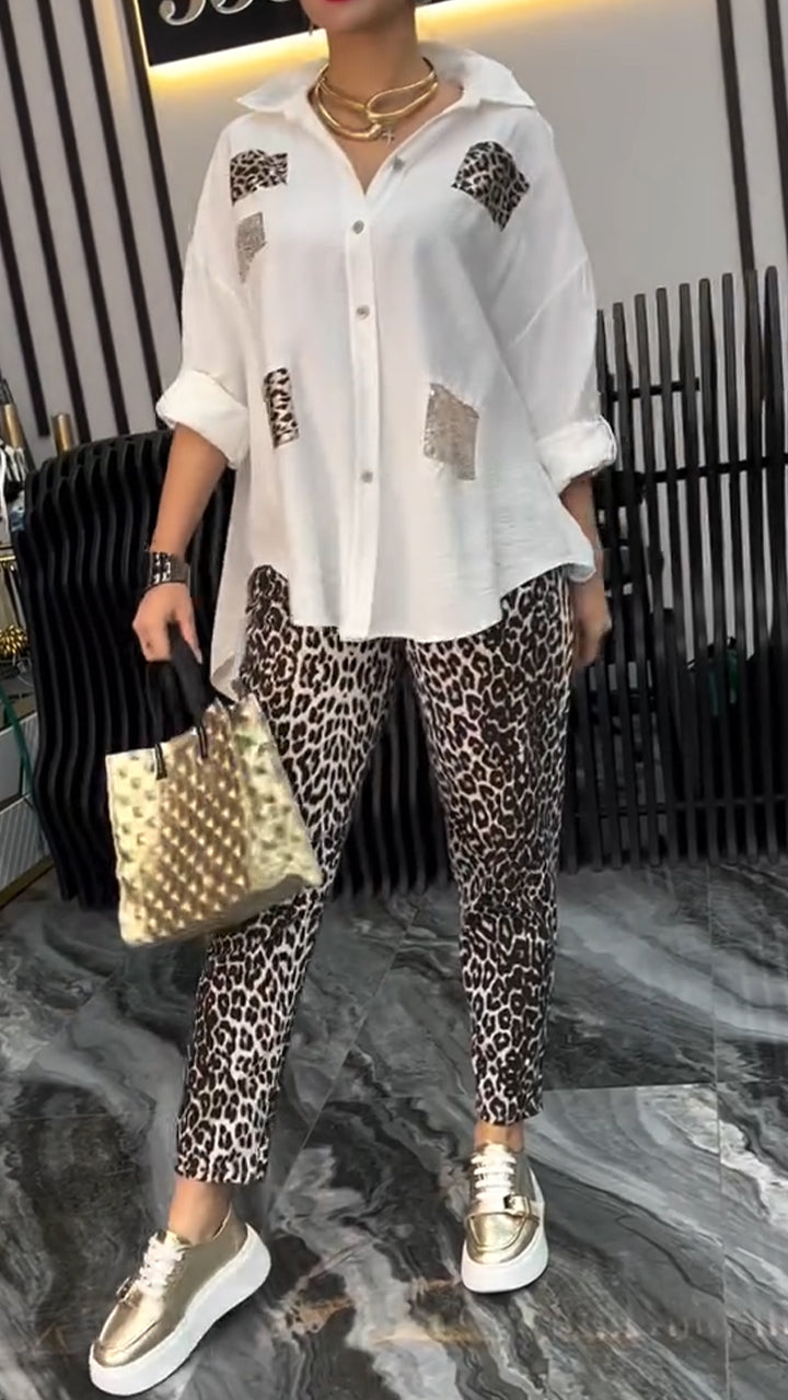 Women's Round Neck Patchwork Printed Top + Pants Casual Suit