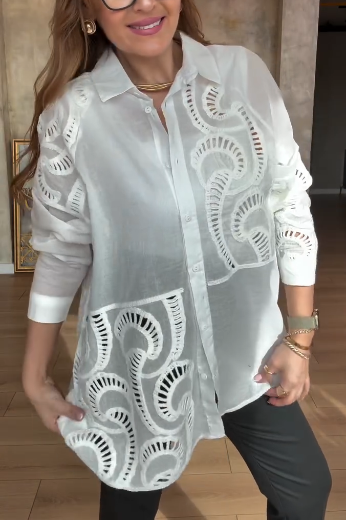 Women's Casual Solid Color Lace Splicing Single Breasted Shirt