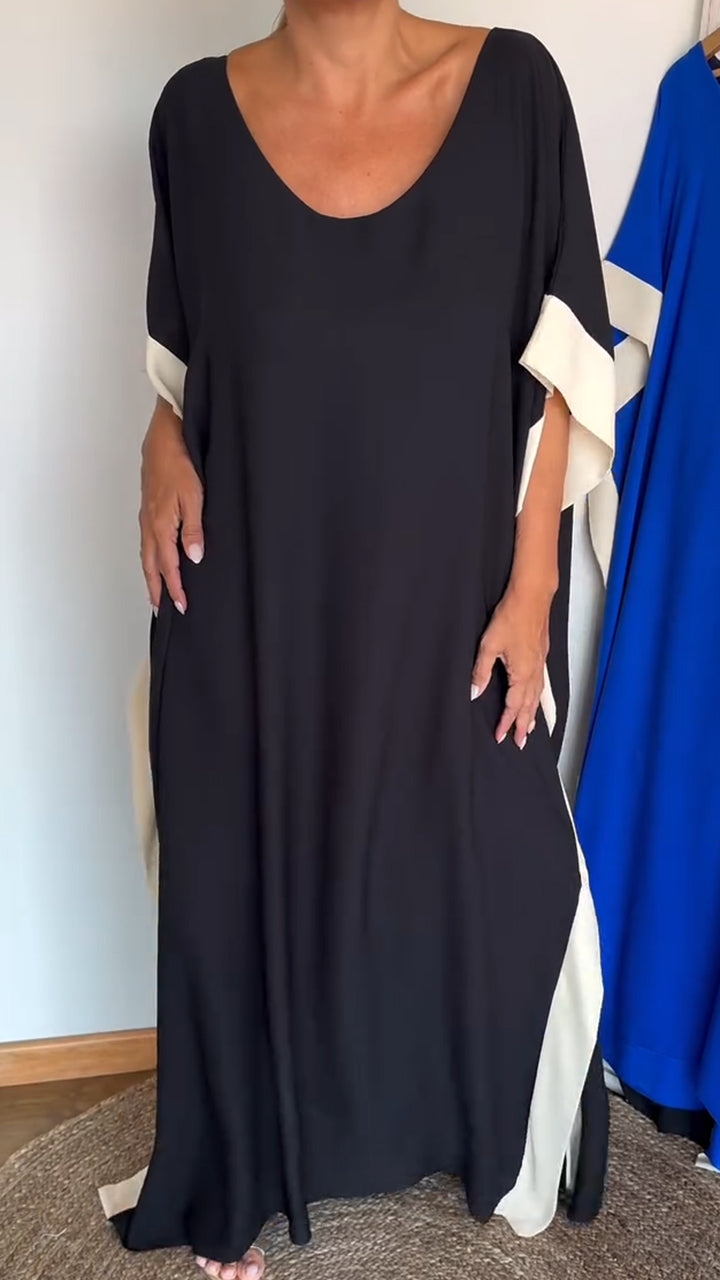 Women's Cotton V-Neck Contrast Loose Dress
