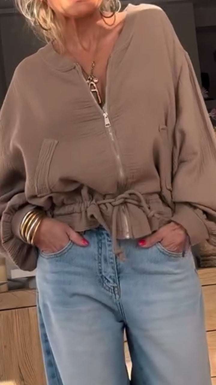 Women's Cotton Solid Crew Neck Zip-Up Jacket