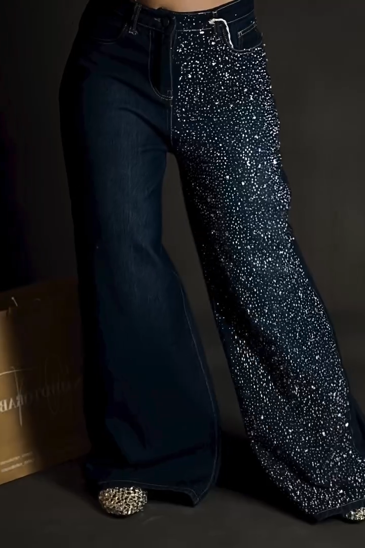 Women's Fashion High Waist Rhinestone Wide Leg Jeans