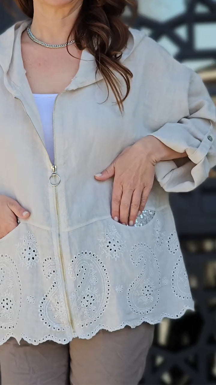 Women's Cotton and Linen Lapel Hollow Sequined Pockets Jacket