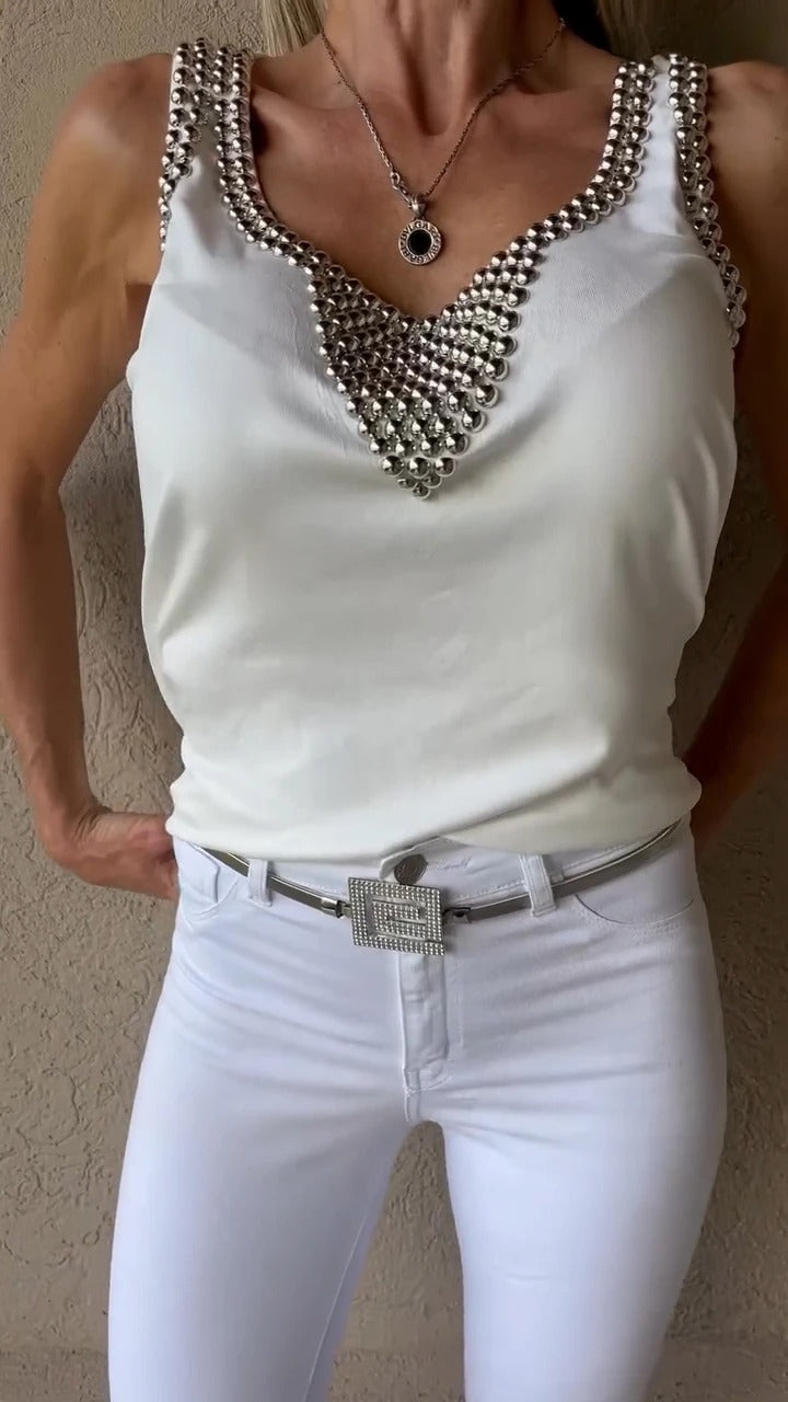 Women's V-neck Sleeveless Beaded Casual Vest