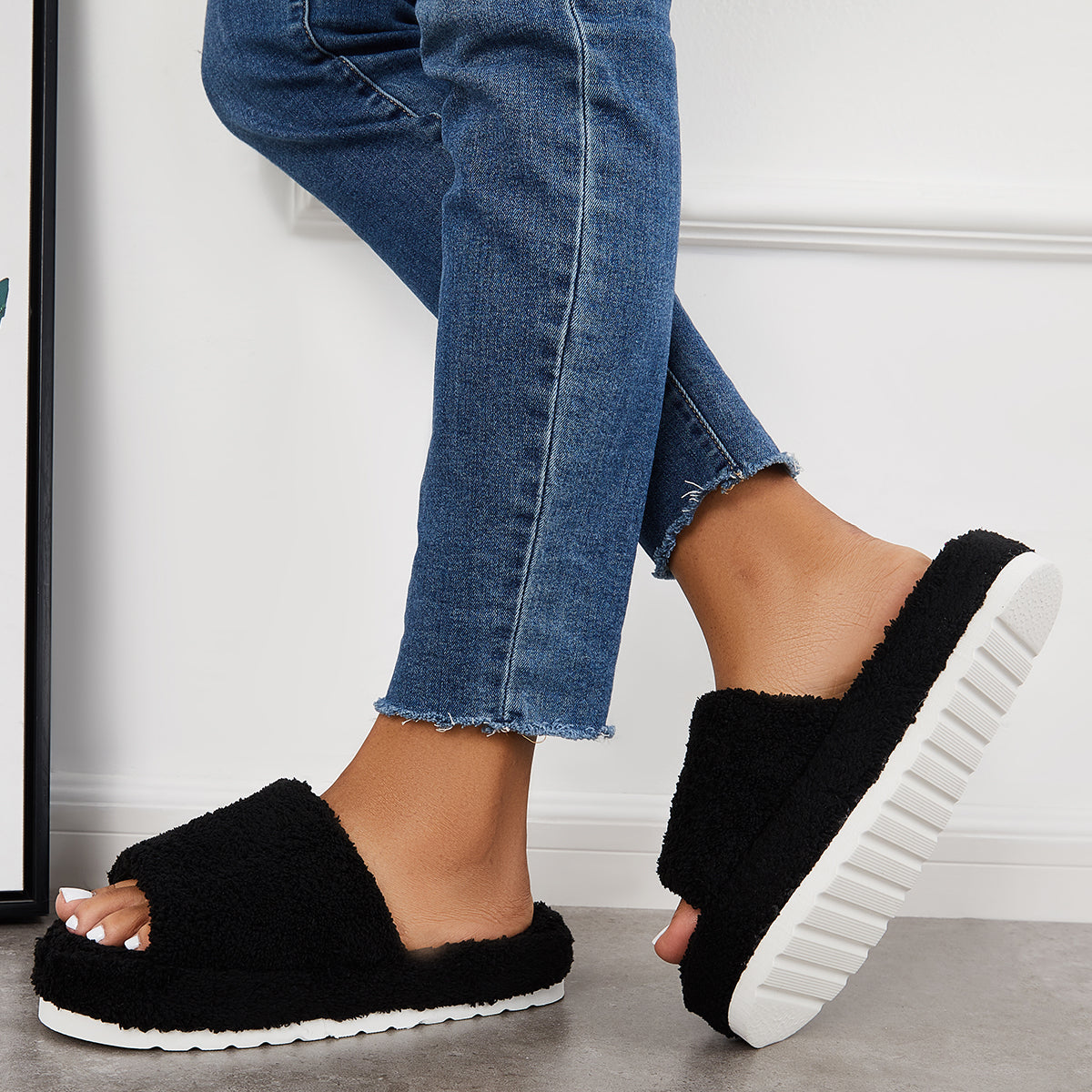 Open Toe Faux Fur Flat Slippers Soft Warm Slip on Furry Slippers