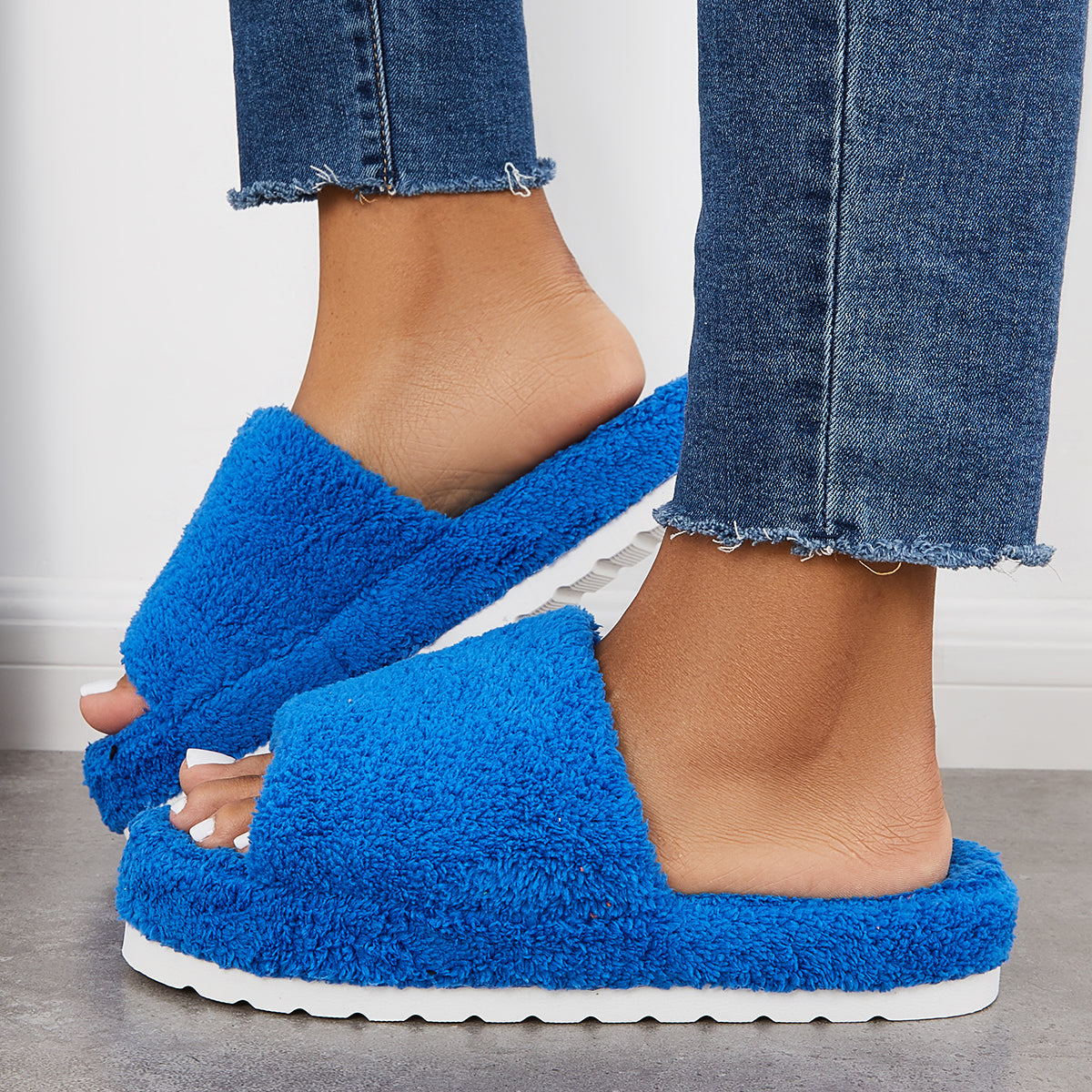 Open Toe Faux Fur Flat Slippers Soft Warm Slip on Furry Slippers