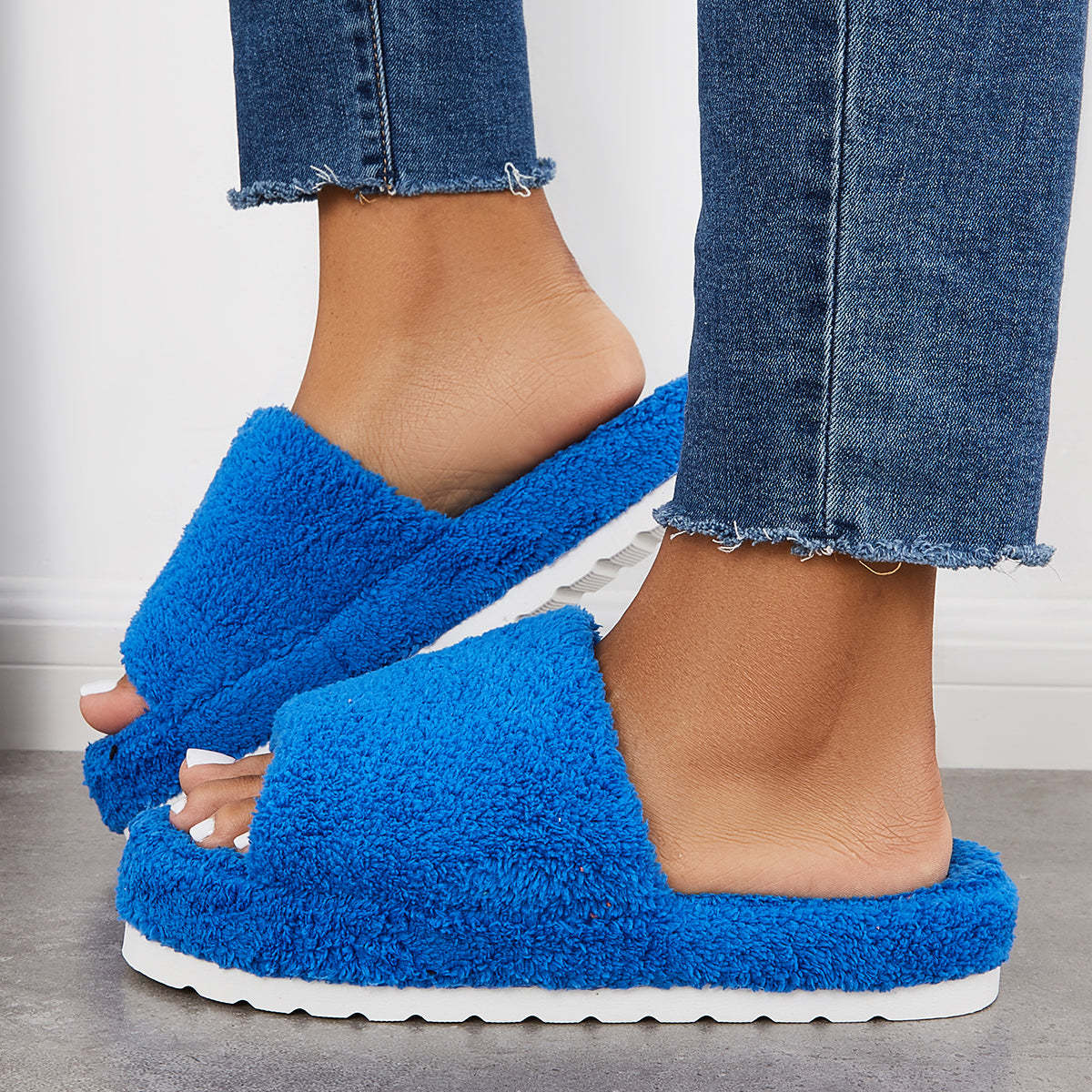 Open Toe Faux Fur Flat Slippers Soft Warm Slip on Furry Slippers