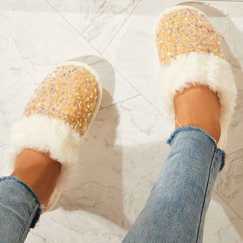 Shiny Warm Faux Fur Mule Slipper Furry Soft Slip on Shoes