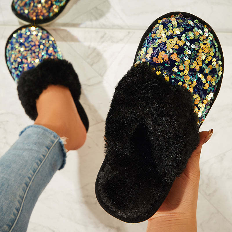 Shiny Warm Faux Fur Mule Slipper Furry Soft Slip on Shoes