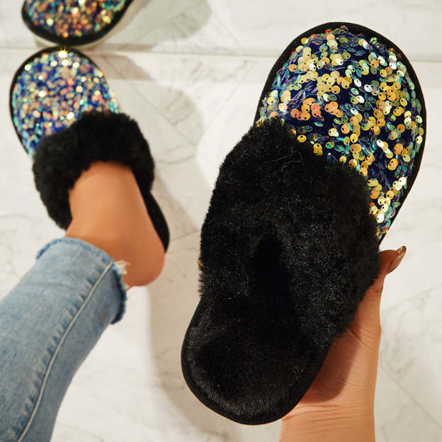 Shiny Warm Faux Fur Mule Slipper Furry Soft Slip on Shoes