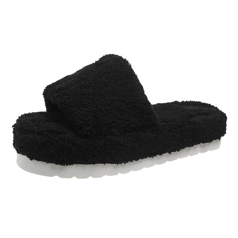Open Toe Faux Fur Flat Slippers Soft Warm Slip on Furry Slippers