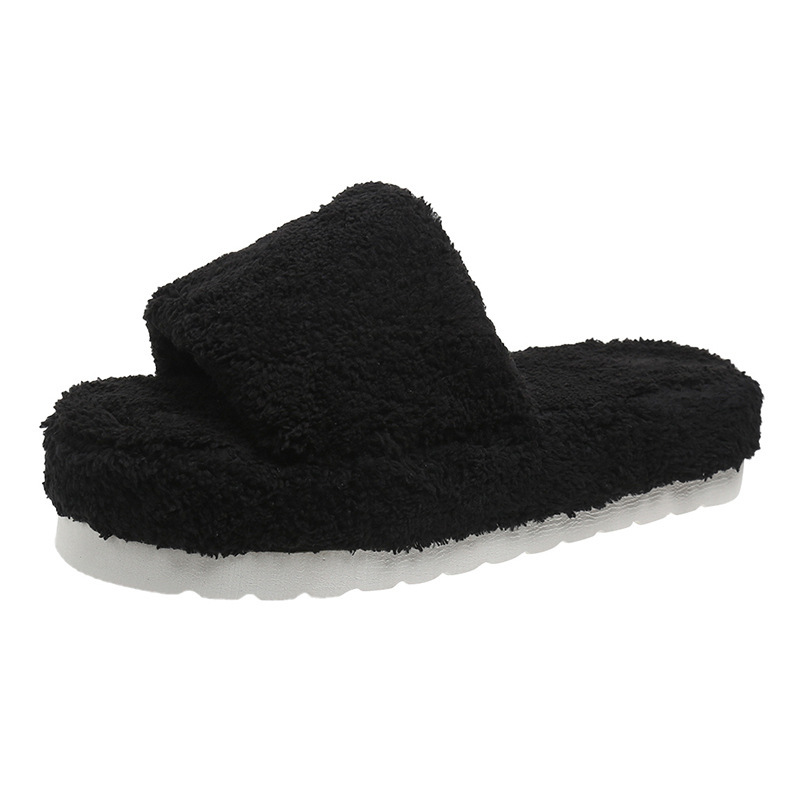 Open Toe Faux Fur Flat Slippers Soft Warm Slip on Furry Slippers