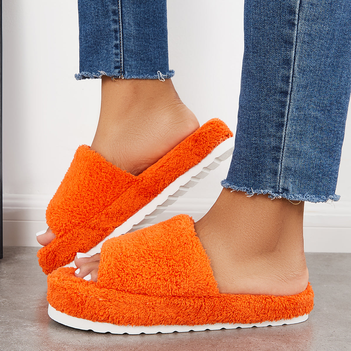 Open Toe Faux Fur Flat Slippers Soft Warm Slip on Furry Slippers