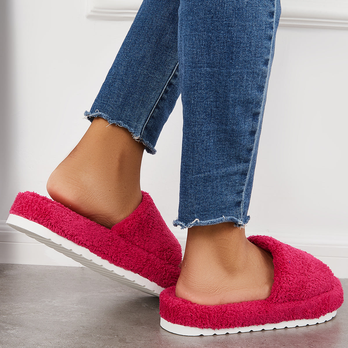 Open Toe Faux Fur Flat Slippers Soft Warm Slip on Furry Slippers