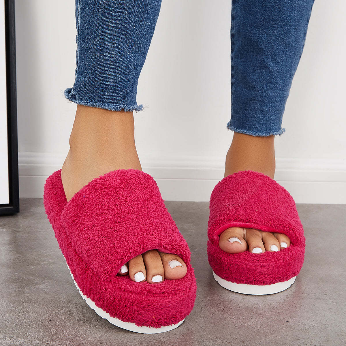Open Toe Faux Fur Flat Slippers Soft Warm Slip on Furry Slippers