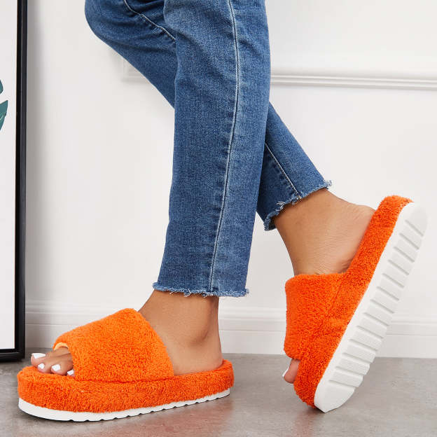 Open Toe Faux Fur Flat Slippers Soft Warm Slip on Furry Slippers