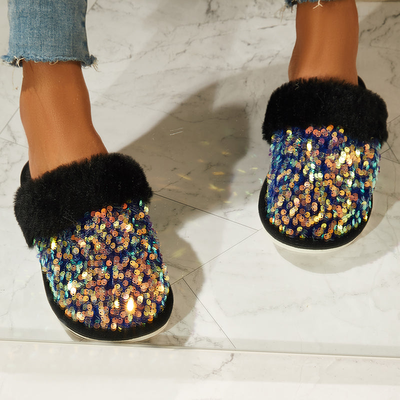 Shiny Warm Faux Fur Mule Slipper Furry Soft Slip on Shoes