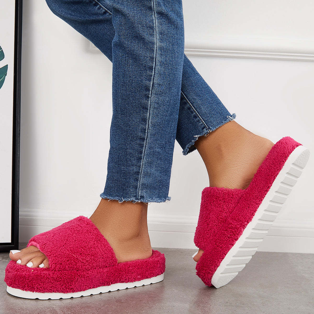 Open Toe Faux Fur Flat Slippers Soft Warm Slip on Furry Slippers