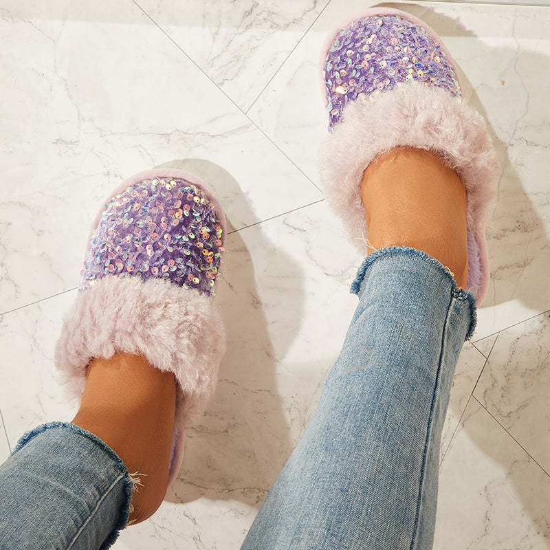 Shiny Warm Faux Fur Mule Slipper Furry Soft Slip on Shoes