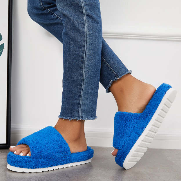 Open Toe Faux Fur Flat Slippers Soft Warm Slip on Furry Slippers