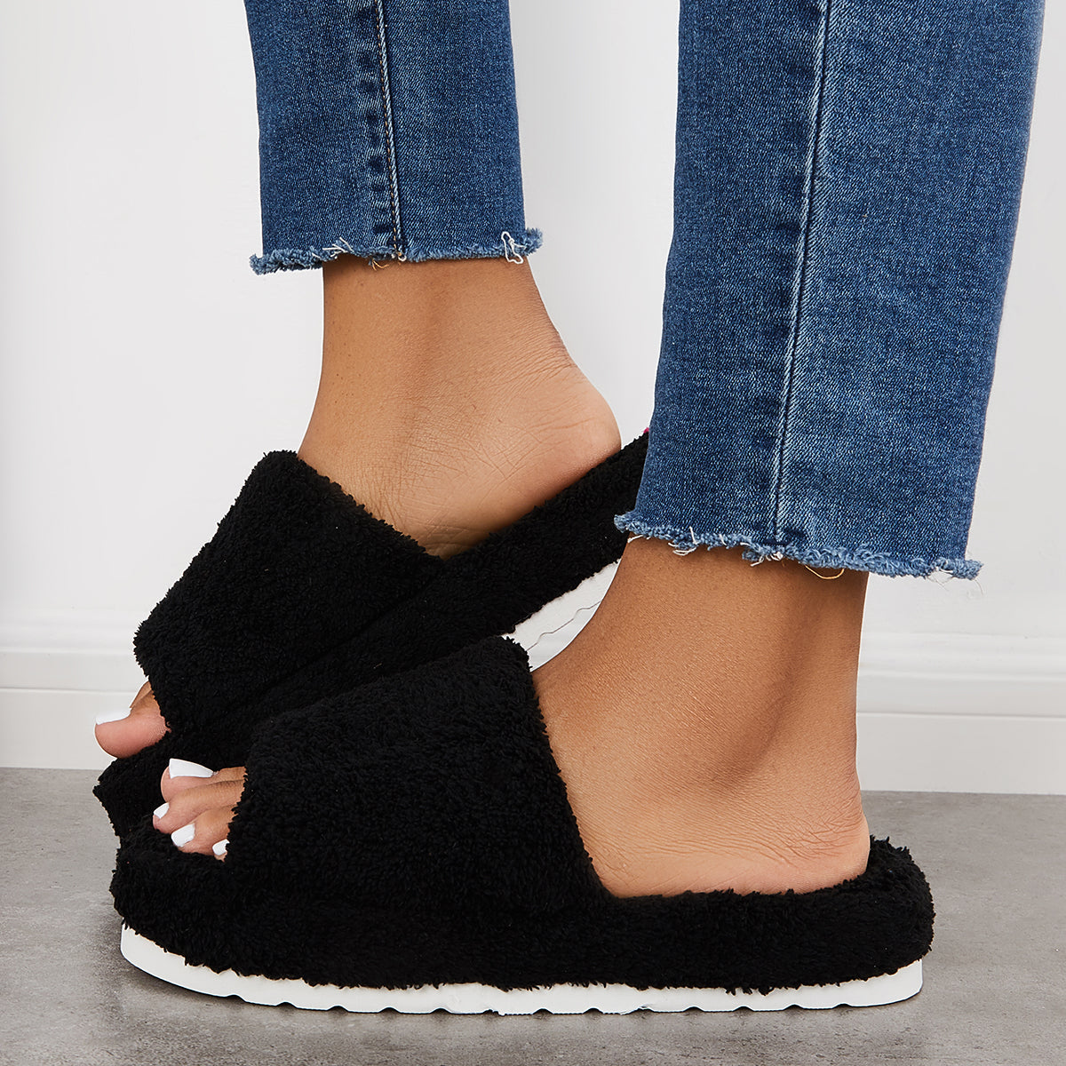 Open Toe Faux Fur Flat Slippers Soft Warm Slip on Furry Slippers