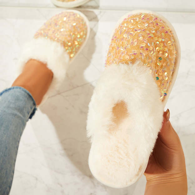 Shiny Warm Faux Fur Mule Slipper Furry Soft Slip on Shoes