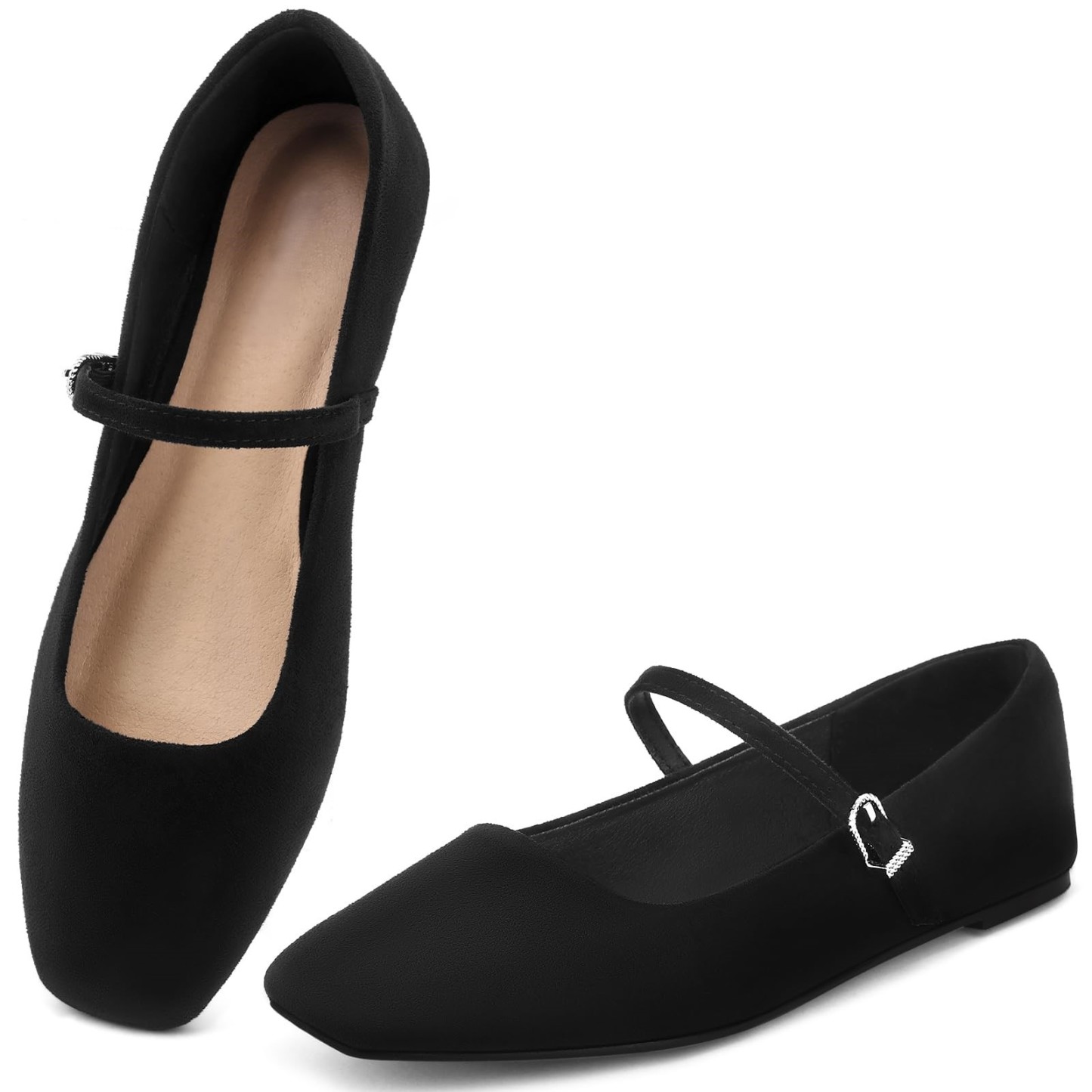 Ballet Mary Jane Flats Shoes - Comfortable Square Closed Toe Shoes with Latex Insole and Adjustable Strap 