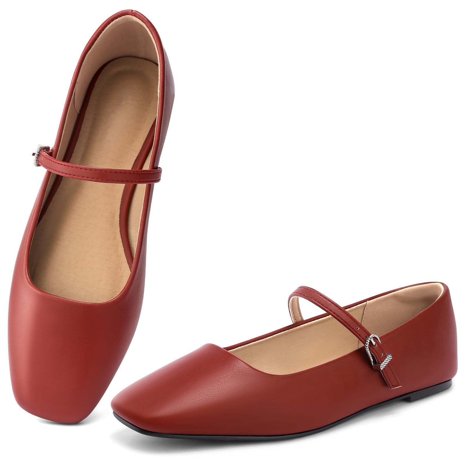 Ballet Mary Jane Flats Shoes - Comfortable Square Closed Toe Shoes with Latex Insole and Adjustable Strap 