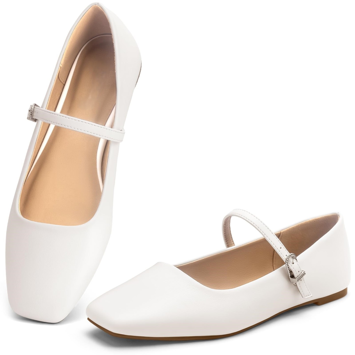 Ballet Mary Jane Flats Shoes - Comfortable Square Closed Toe Shoes with Latex Insole and Adjustable Strap 