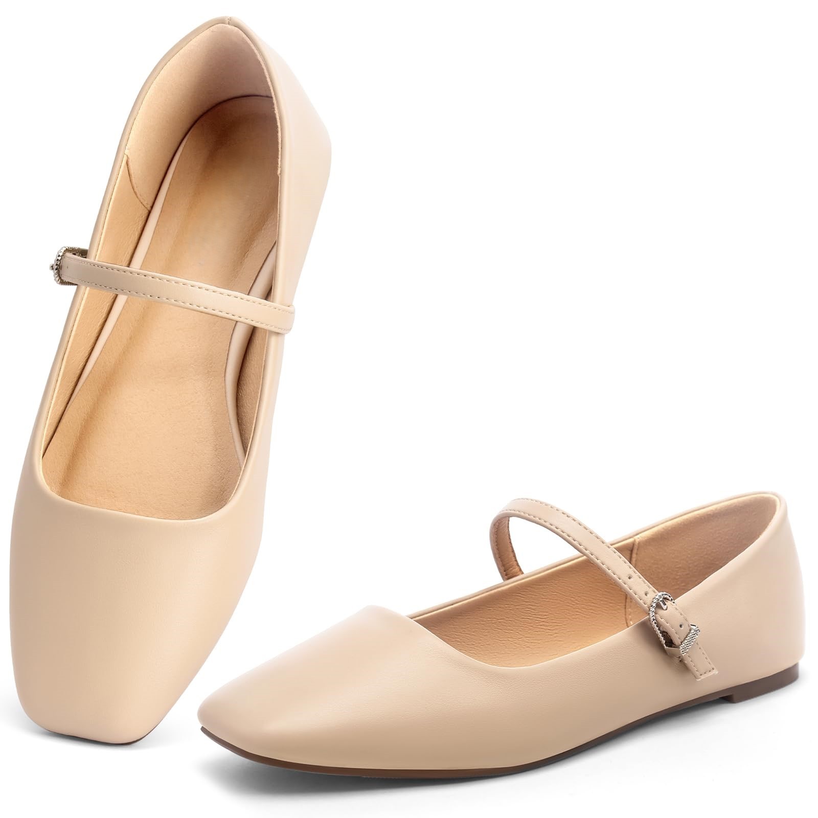 Ballet Mary Jane Flats Shoes - Comfortable Square Closed Toe Shoes with Latex Insole and Adjustable Strap 